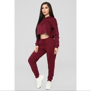 Fashion Nova Burgundy Cropped Hoodie & Jogger Set